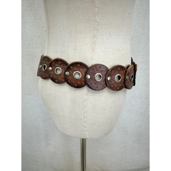 Western boho leather Disc Concho Belt Brown silver grommets SML/MED adjustable - Picture 16 of 16